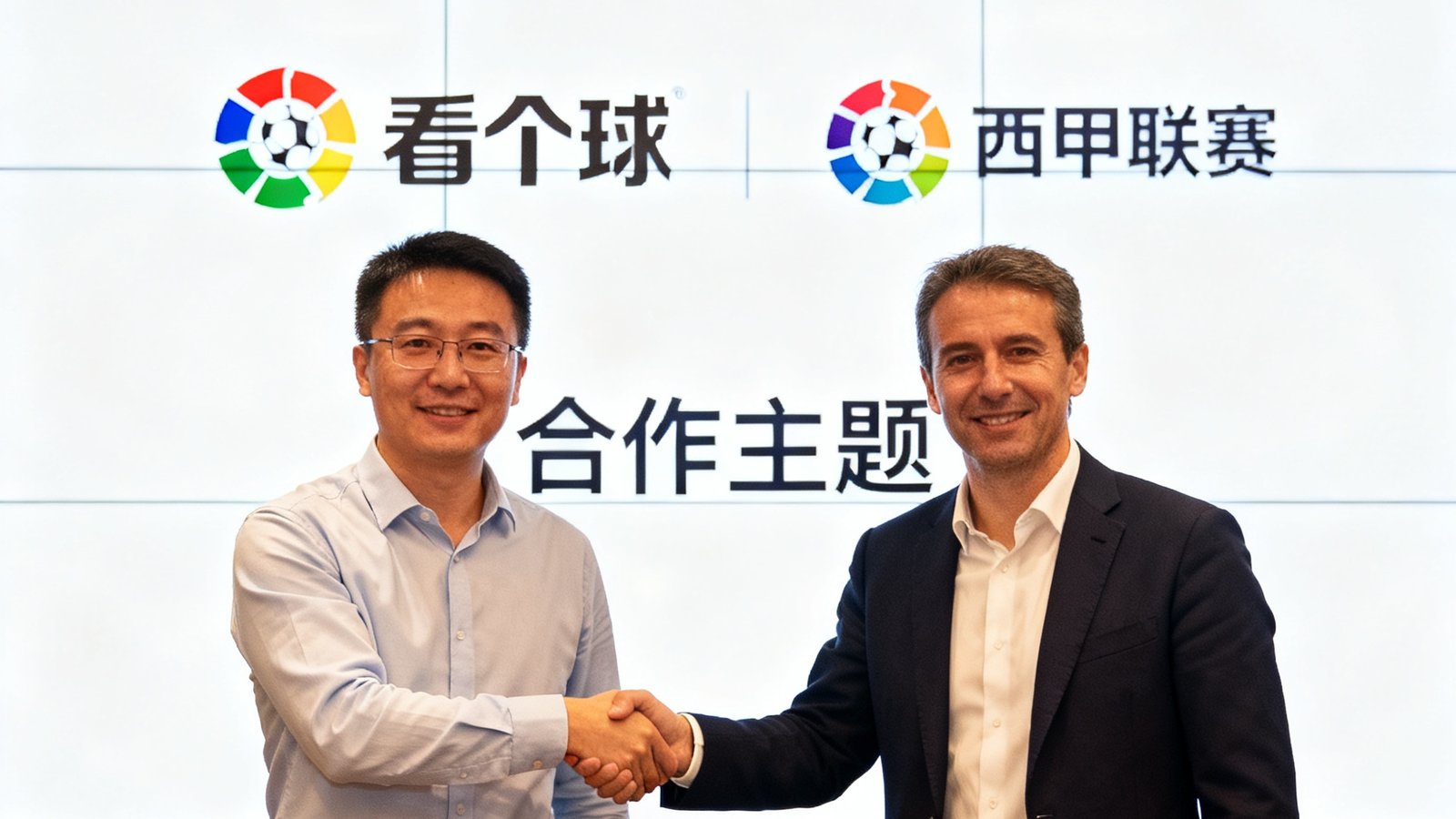 看个球CEO与西甲联赛代表在签约仪式上握手的照片，背景大屏幕展示双方Logo和合作主题
